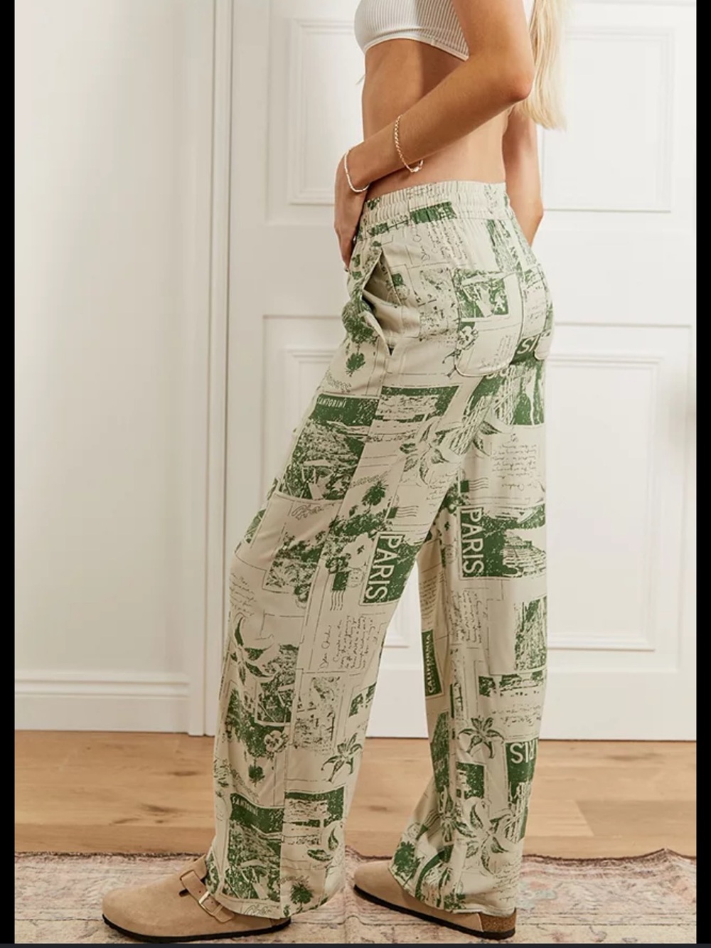 Urban Outfitters Green & White Newspaper-Print Wide Leg Pants small